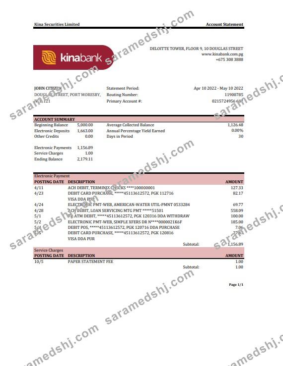 Papua New Guinea Kina Securities Limites bank statement Excel and PDF template